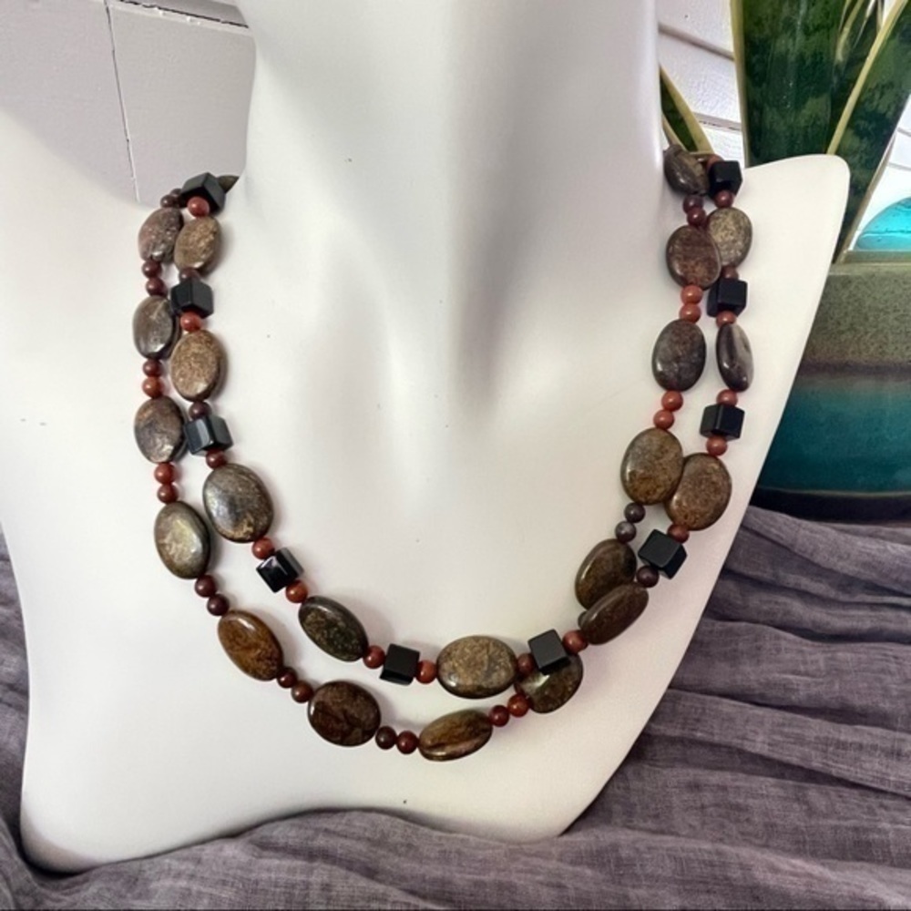 $49 SALE Handmade Layered Red Jasper Bronzite Necklace 26” Contemporary Long - Picture 2 of 8